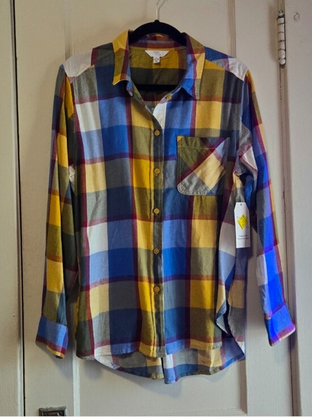 Time and Tru Plaid Button-Down Shirt in Yellow, Blue, Green